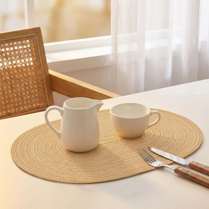 Placemats Set of 4, Woven Oval Braided Dining Table Mats(Beige Brown) | 12 x 17.5 Inch Size Fits Plates and Flatware; Hand Washable and Heat Resistant for Kitchen Use, with Farmhouse and Boho Style