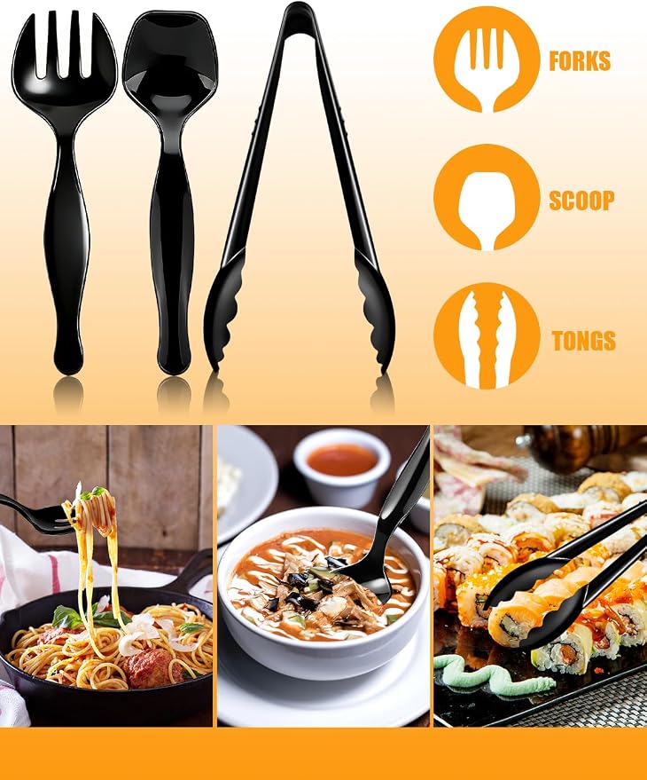 30Pcs Disposable Plastic Serving Utensils, Buffet Serving Utensils Set | 10 Black Plastic Serving Spoons, 10 Tongs, 10 Forks for Catering, Entertaining and Parties