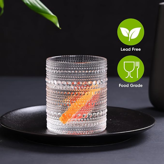 Moretoes Hobnail Drinking Glasses Set of 12, Vintage Water Glass Cups | 12 Oz Highball Glasses & 10 Oz Cocktail Glasses, Clear Embossed Boho Kitchen Bar Tumbler for Whiskey, Beer, Juice, Milk