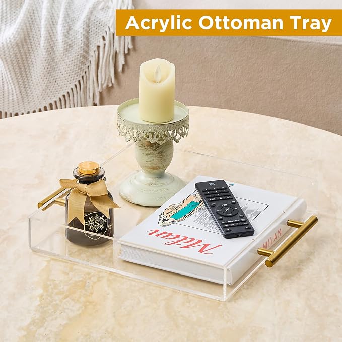 12"x12" Clear Acrylic Serving Tray with Golden Handles, Sturdy Huge Capacity Acrylic Trays for Coffee, Juice, Kitchen and Desk Organizer, Storage Tray (12"x12")