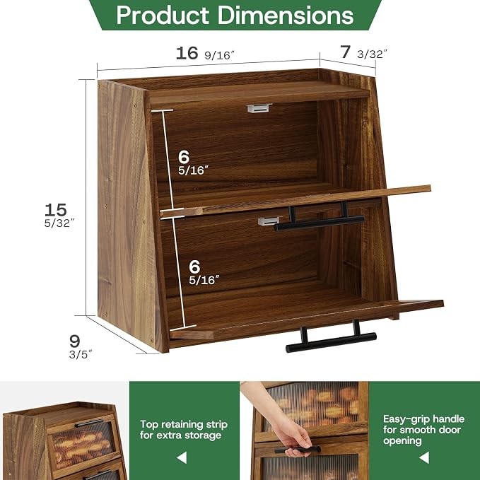 kiplant Bread Box for Kitchen Countertop - Acacia Wood, Wavy Acrylic Door, 2-Layer Bread Storage Container, Large Bread Holder