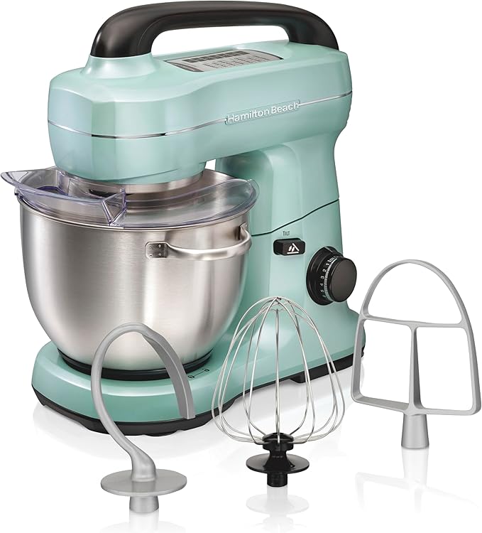 Hamilton Beach 4 Qt Electric Stand Mixer With 7 Speeds, Easy-Carry Handle | Planetary Mixing For Full Bowl Coverage | Splash Guard | 300 Watts | Whisk, Flat Beater, Dough Hook | Mixing Guide | Aqua