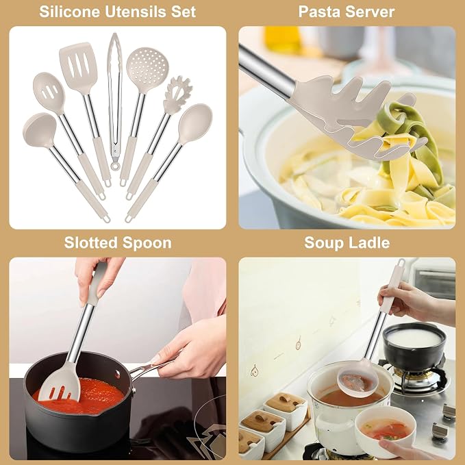 E-far Silicone Cooking Utensils Set, 7-Piece Khaki Kitchen Utensils Set | Heat Resistant Nonstick Cookware with Stainless Steel Handle, Slotted Turner, Spoon, Soup Ladle, Pasta Server, Skimmer, Tongs