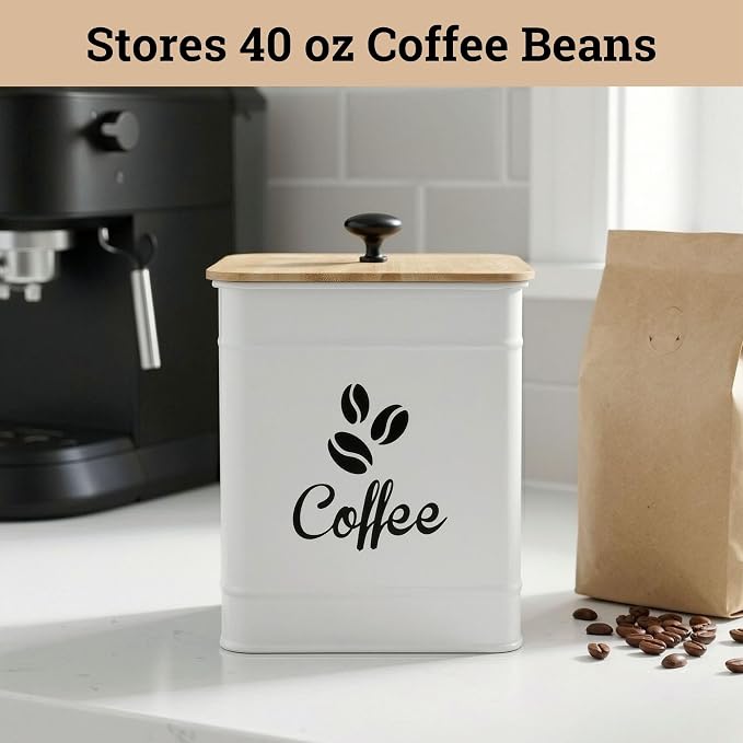 Airtight Coffee Canister 40 oz, 6"x 8" Metal Jar w/ Rubber-Lined Bamboo Lid | 40oz Large Iron, Airtight Coffee Container, Bamboo Lid, Stylish Countertop Container for Coffee Grounds, Beans, Pods & More