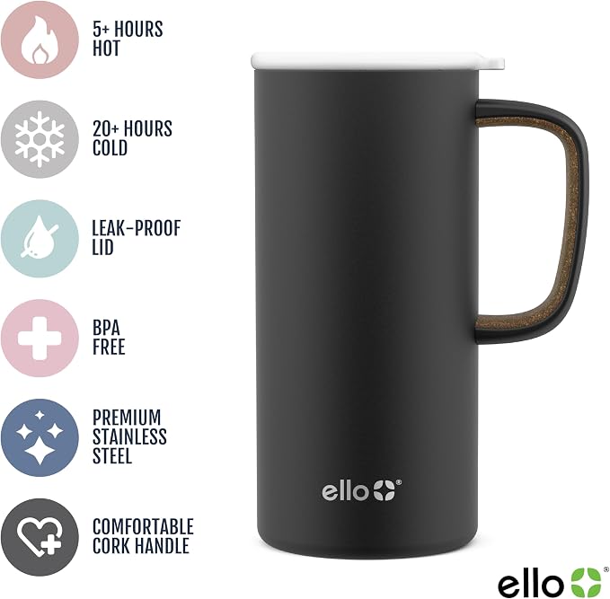 Ello Campy 18oz Insulated Stainless Steel Travel Mug with Handle, Matte Black
