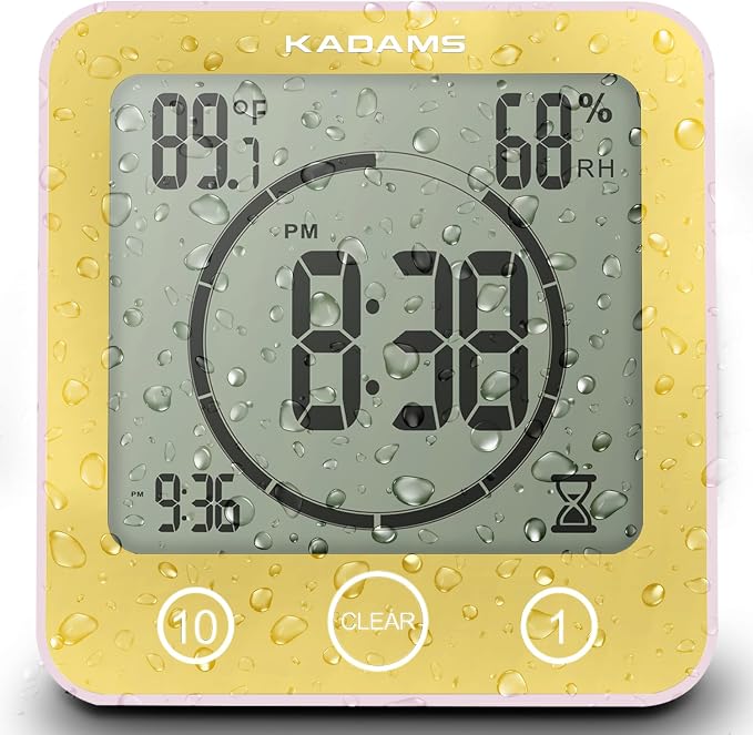 KADAMS Shower Clock Waterproof Bathroom Timer – Digital Wall Clock with Countdown, Magnetic Kitchen Clock with Temperature & Humidity, Suction Cup for Kids Shower Spa Sauna Cook Bath (Yellow)