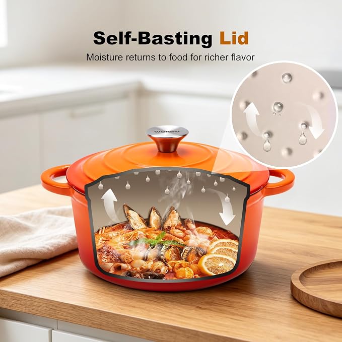 7-QT Enameled Cast Iron Round Dutch Oven With Lid,Oven safe,Orange | Large enameled cast iron Dutch oven,Retains moisture,PFAS-free,500°F,sourdough,braising/stews/roasting,Housewarming Gift