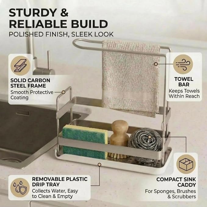 Kitchen Sink Caddy, Compact Sponge Brush Holder Brushed Nickel | Carbon Steel, Towel Rack & Removable Drain Tray, Sponge & Brush Organizer, Compact Sink Storage, Fits Standard Kitchen Sink