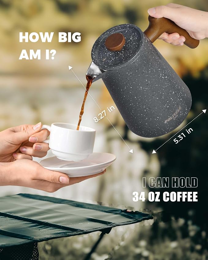 POLIVIAR French Press Coffee Maker, 34 oz | Real Wood Handle, Double Wall Insulation, Dual-Filter Screen, Food Grade Stainless Steel, For Coffee and Tea