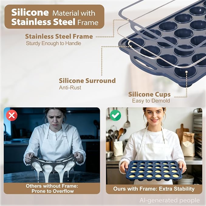 Mini Silicone Muffin Pan with Frame Non Stick Cupcake Tin Baking Mold | Silicone Cupcake Pan with Handles 24 Cup, BPA Free Silicon Muffin Tin Tray Small for Baking, Egg Bites, Cupcake Mold Grey
