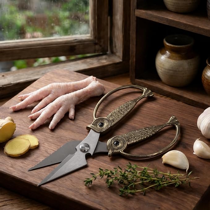 XSNBRD Kitchen Shears,Pearl Nickel Stainless Steel Owl Scissors Large | Pearl nickel plated,rust-resistant,ergonomic owl grip,easy to clean, use meat,vegetable,and BBQ shears.