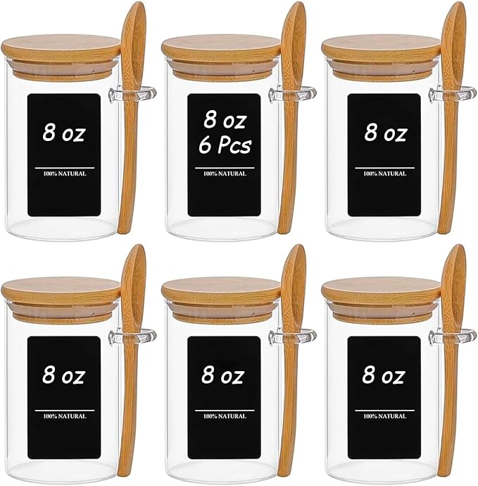 ComSaf Glass Spice Jars with Spoons 8 oz 6 Pack Round with Labels | Labels, Empty Containers, Seasoning Herbs Powder, Salt Pepper Chili, Spice Rack Organization, Loose Tea Storage