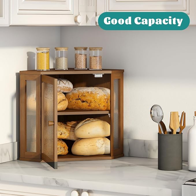 Corner Bread Box, Bamboo Bread Box for Kitchen Countertop, 2 Tier Wooden Bread Storage, Brown