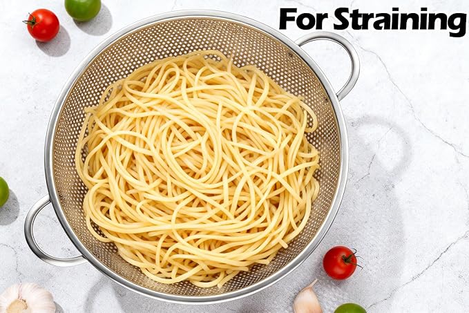 Leonyo Stainless Steel Colanders and Strainer Set, 3 Pack(1-3-5Quart) | Non-Toxic Metal Strainers and Colanders, Micro-Perforated Colander for Kitchen Draining Rinsing Steaming,Dishwasher Safe