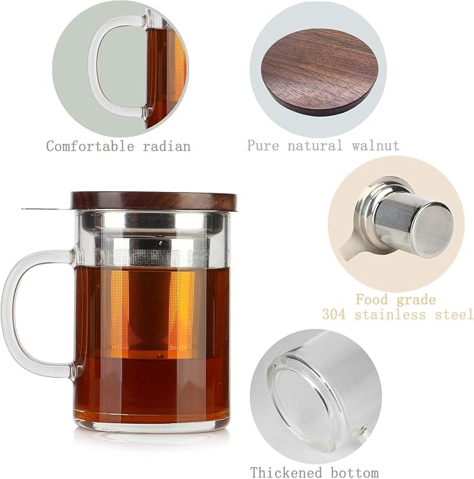 Tea Cup with Infuser Walnut Lid&Handle, Glass Tea Cups with Wide Mouth Extra Large Capacity, Stainless Steel Tea Infuser Mug for Loose Leaf Tea Steeping(2PCS,14oz/400ml)