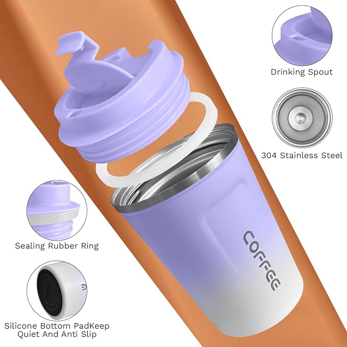 SPLMIFA Travel Coffee Mug Leak-Proof, Reusable Coffee Cups with Lid, Stainless Steel Vacuum Insulated Coffee Tumblers, Thermal Insulation Cup for Men & Women Hot & Cold Drinks(2nd-Purple White, 12OZ)