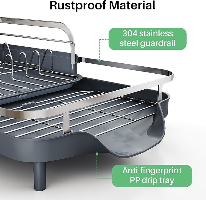 SAYZH Expandable Dish Drying Rack for Small Kitchen Counter, Grey | Stainless Steel, Protective Guardrail, Angled Drainboard, Fits High-Rim Sinks, Removable Utensil Holder