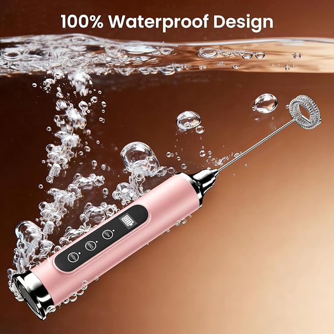 YUSWKO Milk Frother Wand for Coffee, Coffee Frother Handheld Drink Mixer | Rechargeable Mixer Wand, Waterproof Electric Whisk for Protein Powder, Lattes, Cappuccino, 3 Variable Speeds 3 Whisks, Pink