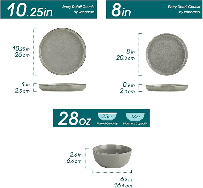 vancasso ANYA 24 Pieces Plates and Bowls Set, Stone Grey Dinnerware Sets, Reactive Glaze Dishes Set for 8, Ceramic Dishware Sets Kitchen Dinner Set, Microwave & Dishwasher Safe