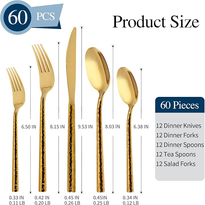 Gold Silverware 18/10 Stainless Steel 60-Piece Mirror Polsihing Flatware Round Hammered Cutlery Set Service for 12