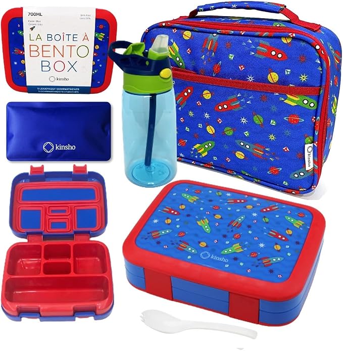 kinsho Kids Bento Lunch Box, Bottle, Ice Pack & Bag, Blue Red Space Rocket | 5 Leakproof Portion Compartments, BPA-Free Removable Tray, Insulated Meal, Snack Container for Toddlers, Pre-School & Daycare