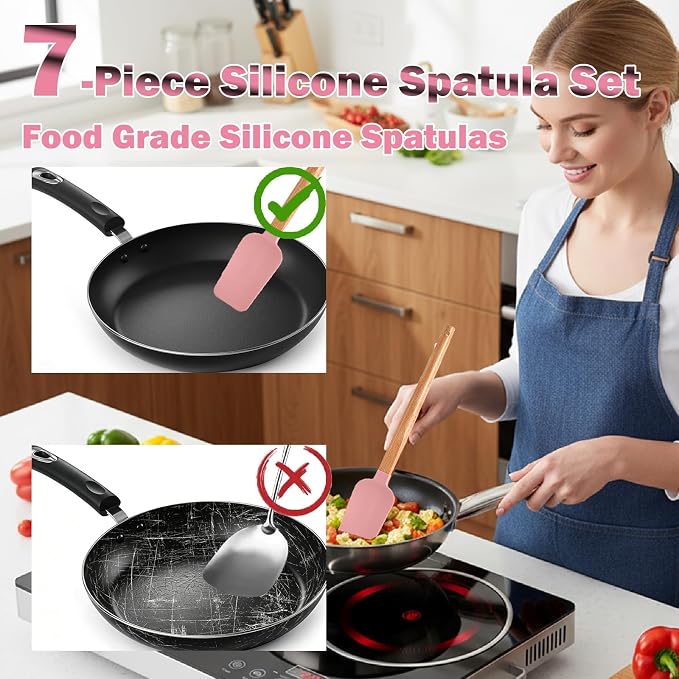 7 Piece Silicone Spatula Set, Food Grade Rubber Spatula Set with Wooden Handle, Heat Resistant Up to 600°F, Silicone Utensils Set for Baking, Cooking & Mixing, Jar, Non-Stick Kitchen Utensils(Pink)