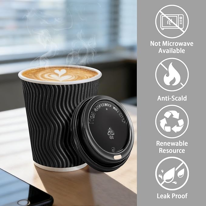 Lamosi 50 Pack 10 oz Disposable Coffee Cups with Lids and Straw, Black | Insulated Corrugated Ripple Wall Hot Cups with Lids for Hot Drink, Office, Coffee Bars, Meetings, and Short To-Go Use