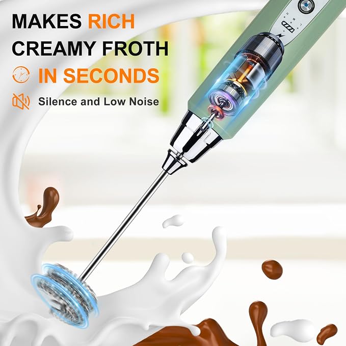 YUSWKO Handheld Milk Frother Wand for Coffee, Rechargeable Electric Whisk with 3 Heads 3 Speeds Drink Mixer Coffee Frother For Latte, Cappuccino, Hot Chocolate, Egg, Granite with Holder