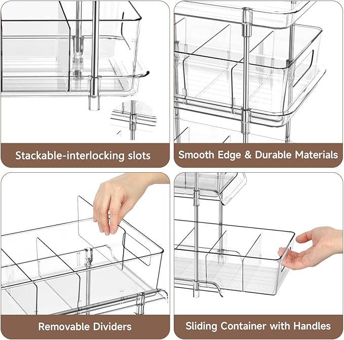 2Set 3 Tier Clear Bathroom Organizer with Dividers, Pull-Out Pantry Organization and Storage, Multi-Purpose Under Sink Organizers and Storage, Vanity Skincare Cosmetic Closet Organizer Medicine Bins