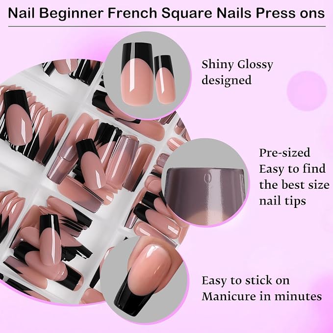 240pc Black French Tip Press on Nails Medium Square Acrylic Nail, Coffee Press ons Fake Nails with Glue & Tabs, 12 Sizes Glue on Nails Medium Press-on Nail Square Stick on Nail for Women Manicure