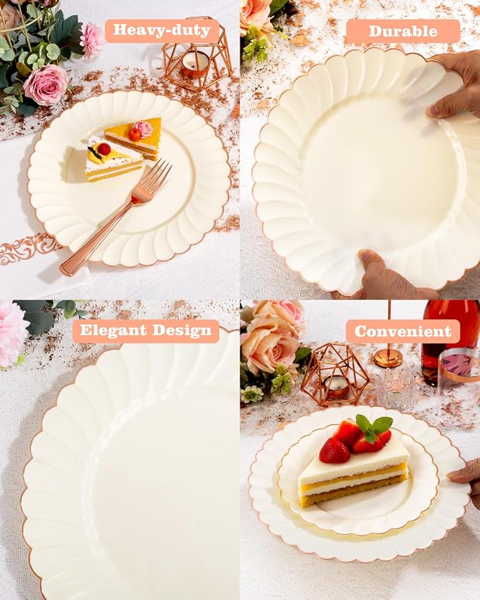 YOUBET 175PCS Ivory Scalloped Plastic Plates with Rose Gold Rim for Party | Rose Gold Disposable Dinnerware Set Include 50 Plates, 75 Rose Gold Silverware, 25 Cups, 25 Napkins for Wedding Baby Shower