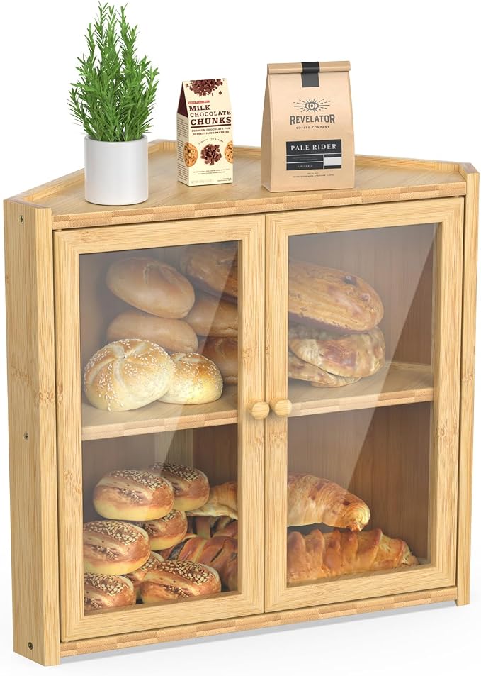 BAMBANG Bread Box, Double Layer Bamboo Bread Bin for Homemade Bread Bakers and Corner Kitchen Countertop with Double Doors, Not Suitable for Oversized Loaves, Natural