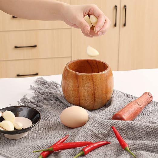 Wood Pestle and Mortar Bowl Set Guacamole Bowl Shell Garlic Pepper Press Mincer Grinder Chopper Crusher Molcajete Mix Kitchen Tool - Natural Wood