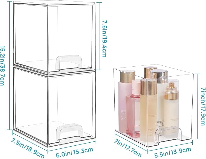 Vtopmart Clear Stackable Storage Drawers, 2 Pack Tall Plastic Organizers | Clear Pull-Out Drawers, Stackable Design for Skincare, Cosmetics, Beauty Supplies, Vanity, Bathroom, Cabinet and Countertop