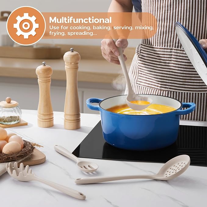 Onader Kitchen Utensils Set, Silicone Non Toxic Cooking Utensils, Khaki | 6 Pcs Heat Resistant Kitchen Gadgets Set for Nonstick Cookware, Dishwasher Safe