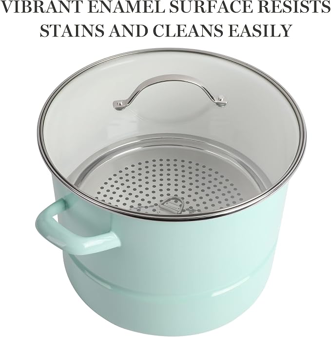 Martha Stewart Thayer 16-Quart Enamel On Steel Scratch Resistant Steamer Stock Pot w/Stainless Steel Insert - Martha Blue