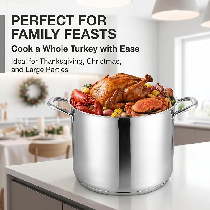Homikit Large Stock Pot 14 Quart, Stainless Steel Chicken Soup Pot with Lid for Canning Steaming Stewing, Tri-ply Heavy Bottom Cooking Boiling Pasta Induction Stockpot, Dishwasher Safe