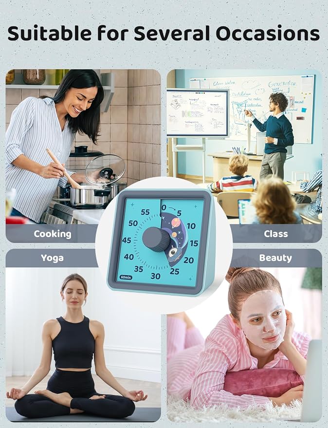 LIORQUE Visual Timer for Kids, 60 Minute Countdown Timer, Steel Blue | Non-Ticking, 3 Volume Levels, Timer for Classroom Kitchen Office ADHD, 2 AAA Batteries Included
