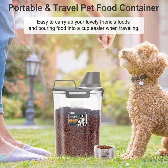 Dog Cat Food Storage Container with Cup (Dark Olive, 2.5L) | Pet Food Pourable Container Airtight with Large Spout, BPA-Free Plastic Food Dispenser for Pet Food, Bird Seed, Rice, Flour