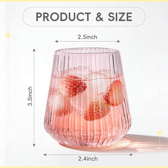 N9R 24PCS Pink Plastic Wine Glasses Disposable, 14 oz Cocktail & Spritz | Pink Clear Stemless Champagne/Whiskey/Drinking Cups, Fancy Origami Ripple, for Parties, Weddings, Pool and Bar