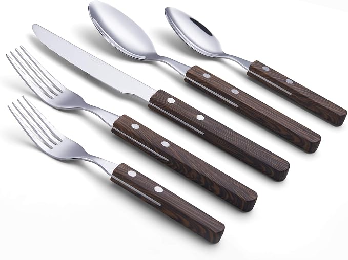 ANNOVA 20 Piece Silverware Set, Service for 4, Stainless Steel Retro/Rivet Walnut Wood Tableware Kitchen Flatware Set Utensils, Includes Dinner Knives, Forks, Spoons, Salad Forks & Dessert Spoons