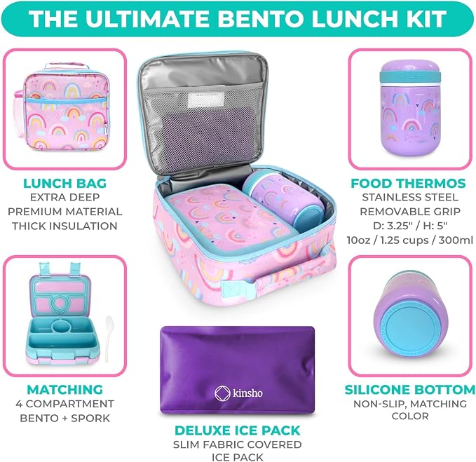 kinsho Kids Bento Lunch Box Set with Thermo, Bag & Ice Pack Purple Rainbow | 4 Compartment Container, Stainless Steel Food Jar for Hot Soup, Snacks, Daycare or School Lunches for Toddlers & Small Girls