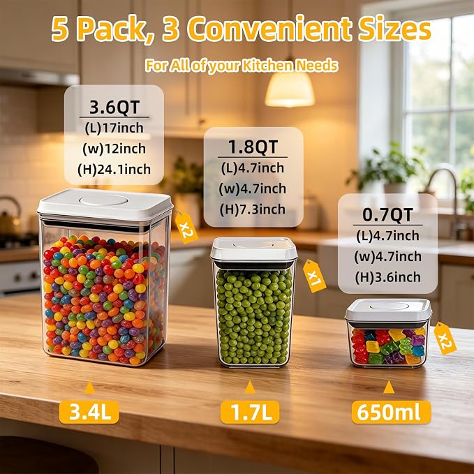 Pop Push Button Airtight Food Storage Containers Baking Set 5 Pcs | BPA-Free Stackable Canisters with Scoops – 3 Sizes for Flour, Sugar, Baking Soda, Cocoa Powder, Pantry & Baking Essentials