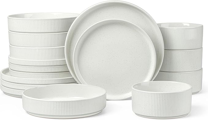 LIANYU 16 PCS Ribbed Dinnerware Sets with Pasta Bowls for 4, Speckled White | Stoneware Plates and Bowls Set, Dishware for Home Kitchen, Microwave and Dishwasher Safe
