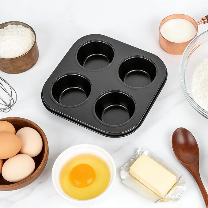 2 Pack 4-Cup 6/12/24/48 Cups Round Muffin Pan, Heavy-Duty Carbon Steel Nonstick Cupcake Baking Pan, 2.56” Standard Size Cups, Compact 7.28” Square Design, Oven & Dishwasher Safe