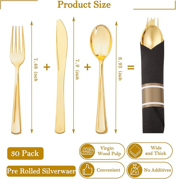 30 Pack Pre Rolled Gold Plastic Silverware with Black Napkins | Heavy Duty Black Disposable Wrapped Flatware Cutlery Set for for Wedding, Birthday & Party Supplies