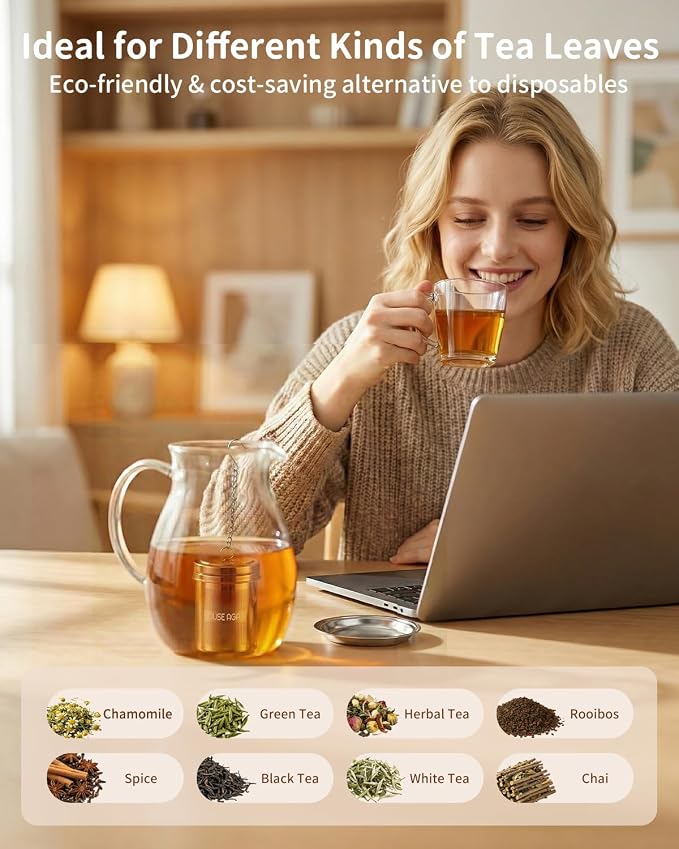 HOUSE AGAIN Large Tea Infuser, Extra Fine Mesh Tea Strainers for Loose Tea, 18/8 Stainless Steel Tea Strainer with Extended Chain Hook, Tea Steeper for Brew Tea, Spices & Seasonings for Multi Cups