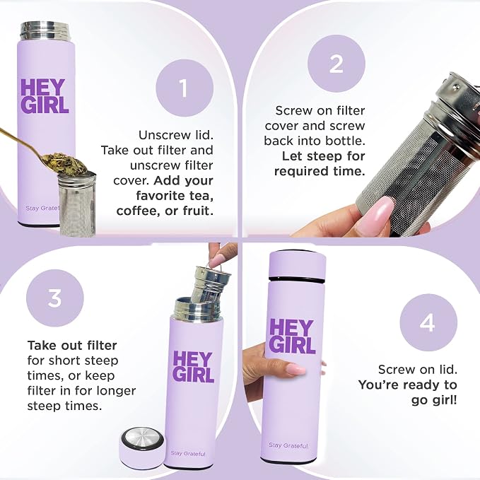 Hey Girl Tea Infuser Bottle 450ml - Insulated Stainless Steel Water Bottle - Tea Tumbler with Tea Diffuser - Portable Travel Mug for Loose Leaf Tea & Infused Water - Tea Lovers Gifts for Women