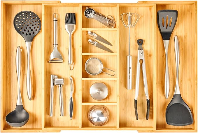 Extra Large Expandable Kitchen Drawer Organizer for Utensil and Junk, 19" Deep for Big Drawer, 17" to 28" Adjustable Bamboo Wood Drawer Divider, Cutlery Tray, Flatware Holder