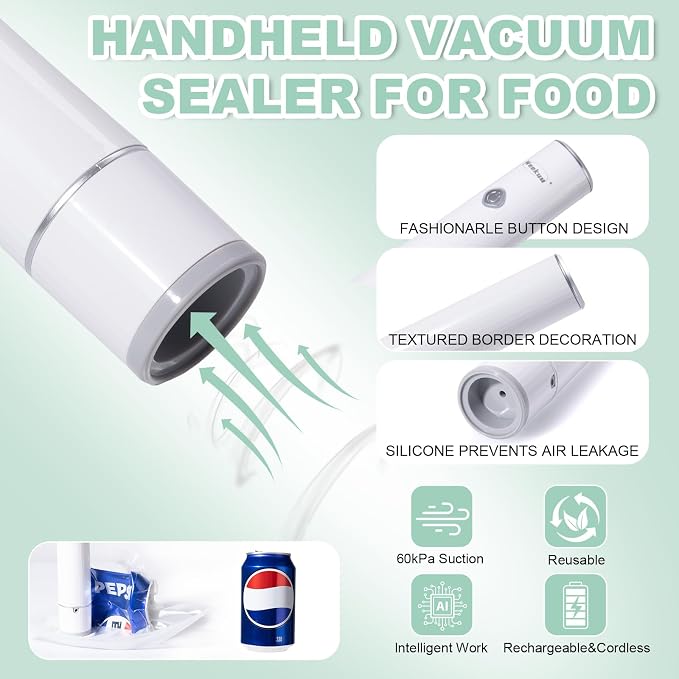Handheld Vacuum Sealer for Food Storage – Portable & Rechargeable, Easy One-Hand Automatic Operation, 1 Vacuum Sealer + 10 Food Reusable Bags